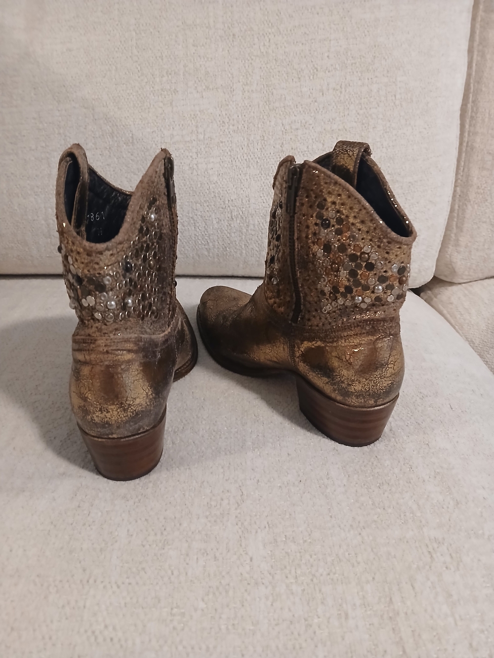 •FRYE• 'Deborah' Metallic Gold Western Ankle Boots with Stud Detail - Picture 9 of 15